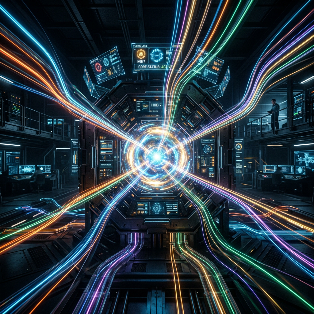 Fusion core hub with colorful energy streams and digital interfaces in a futuristic lab