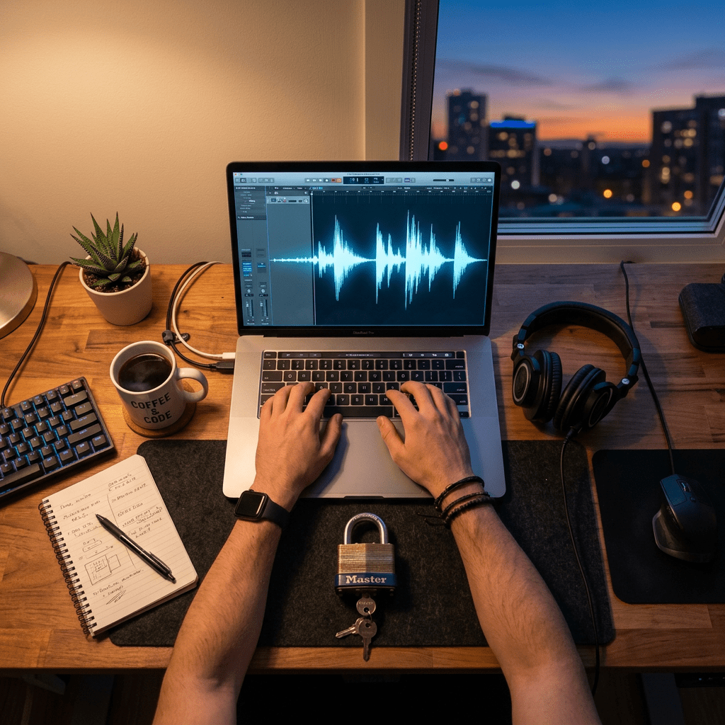 Hands typing on a laptop showing audio editing software with sound waves