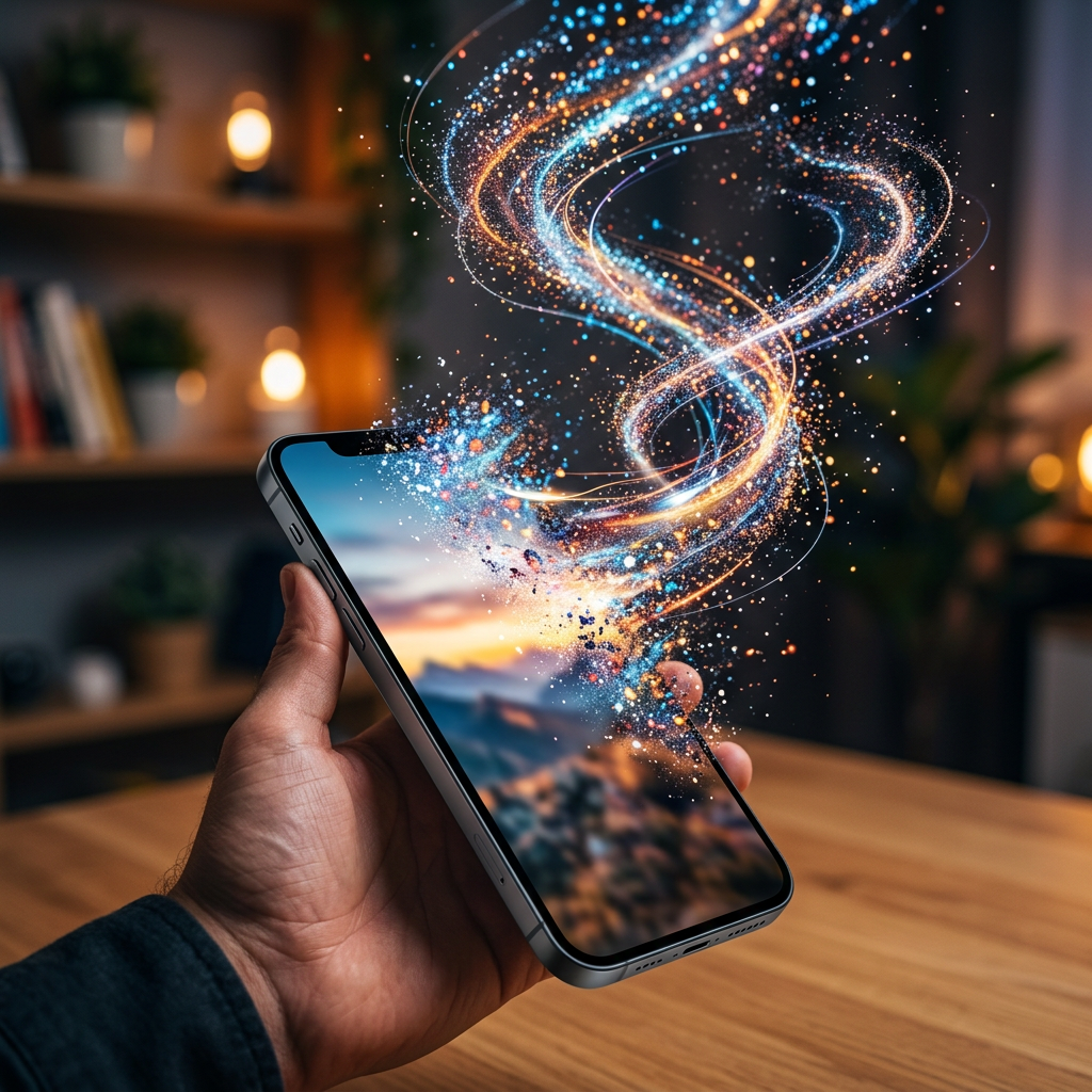 Hand holding smartphone with swirling vibrant digital light particles emerging