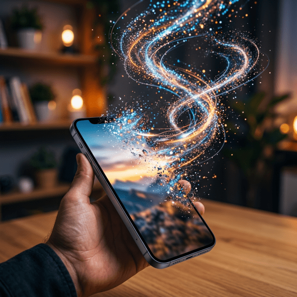 Hand holding smartphone with swirling vibrant digital light particles emerging
