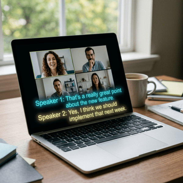 Laptop screen showing a video call with four people and live captions of their discussion