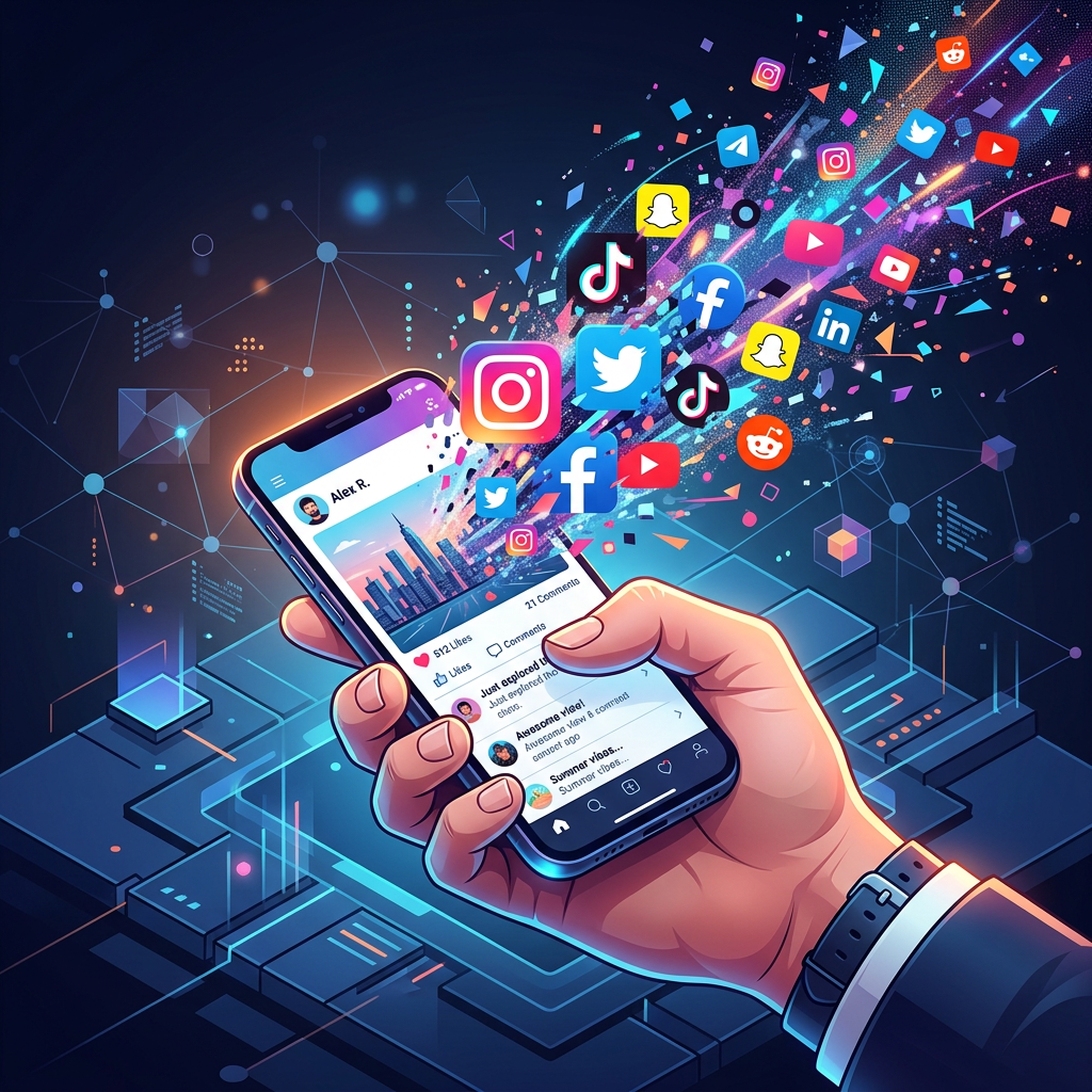 Hand holding smartphone displaying a social media profile with various social media icons emerging digitally.