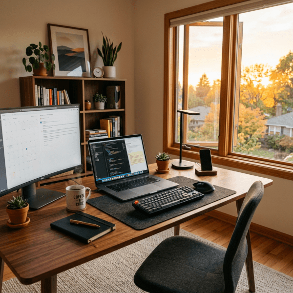 Home office desk with laptop displaying code, external monitor with calendar, coffee mug, keyboard, mouse, plants, and window showing fall trees.