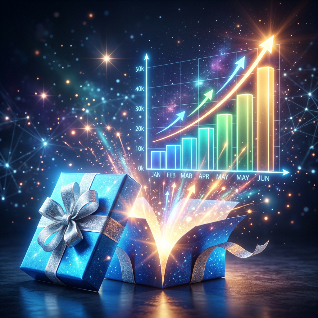 Open gift box with bright light projecting a bar chart showing increasing values from January to June