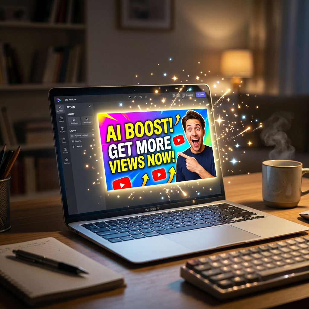 Laptop screen showing colorful graphic with text 'AI BOOST! GET MORE VIEWS NOW!' and a man pointing excitedly