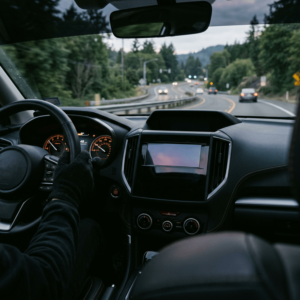 View from inside a car showing the dashboard and steering wheel with a gloved hand, driving on a winding road with trees and hills outside.