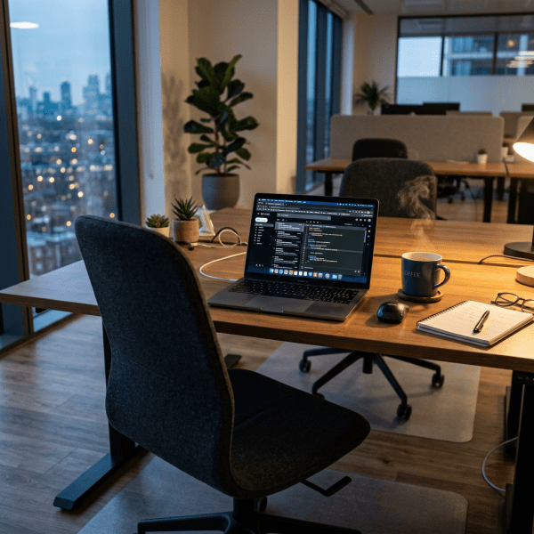 Office desk with laptop showing code, steaming coffee mug, notebook, mouse, and glasses