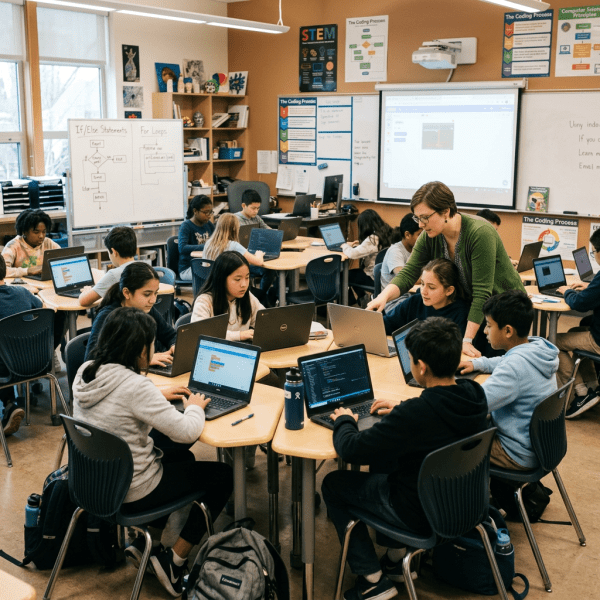 Middle school students working on laptops coding in classroom with teacher helping