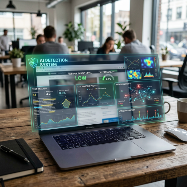 Laptop showing AI detection system interface with threat level, text analysis, network activity, and detection history graphs