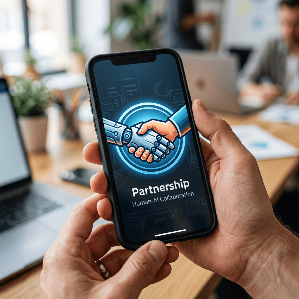 Smartphone showing graphic of human hand shaking robot hand with text Partnership Human-AI Collaboration