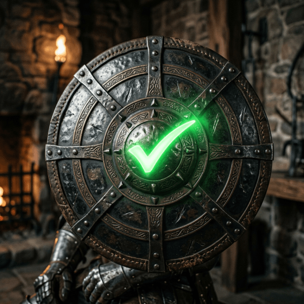 Round medieval shield with intricate metalwork and a glowing green checkmark in the center