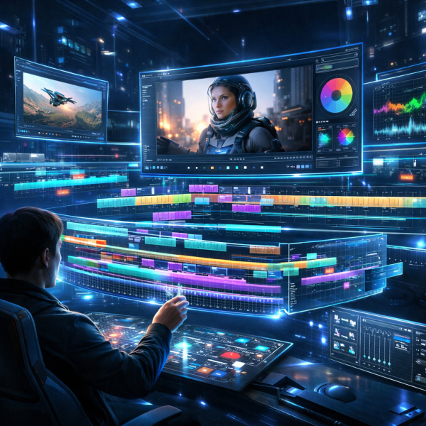 Person interacting with holographic video editing software showing timeline and color grading panels