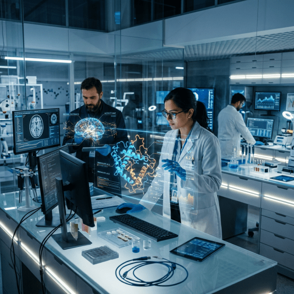 Scientists in lab coats working with holographic displays of brain scans and protein models in a modern laboratory