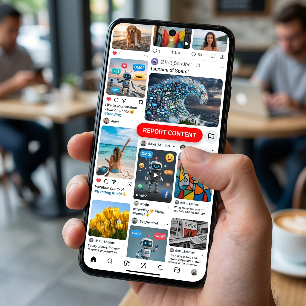Smartphone screen showing social media posts with a 'Report Content' button for spam