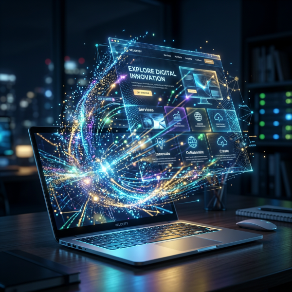 Laptop displaying a vibrant holographic interface with digital innovation and services icons
