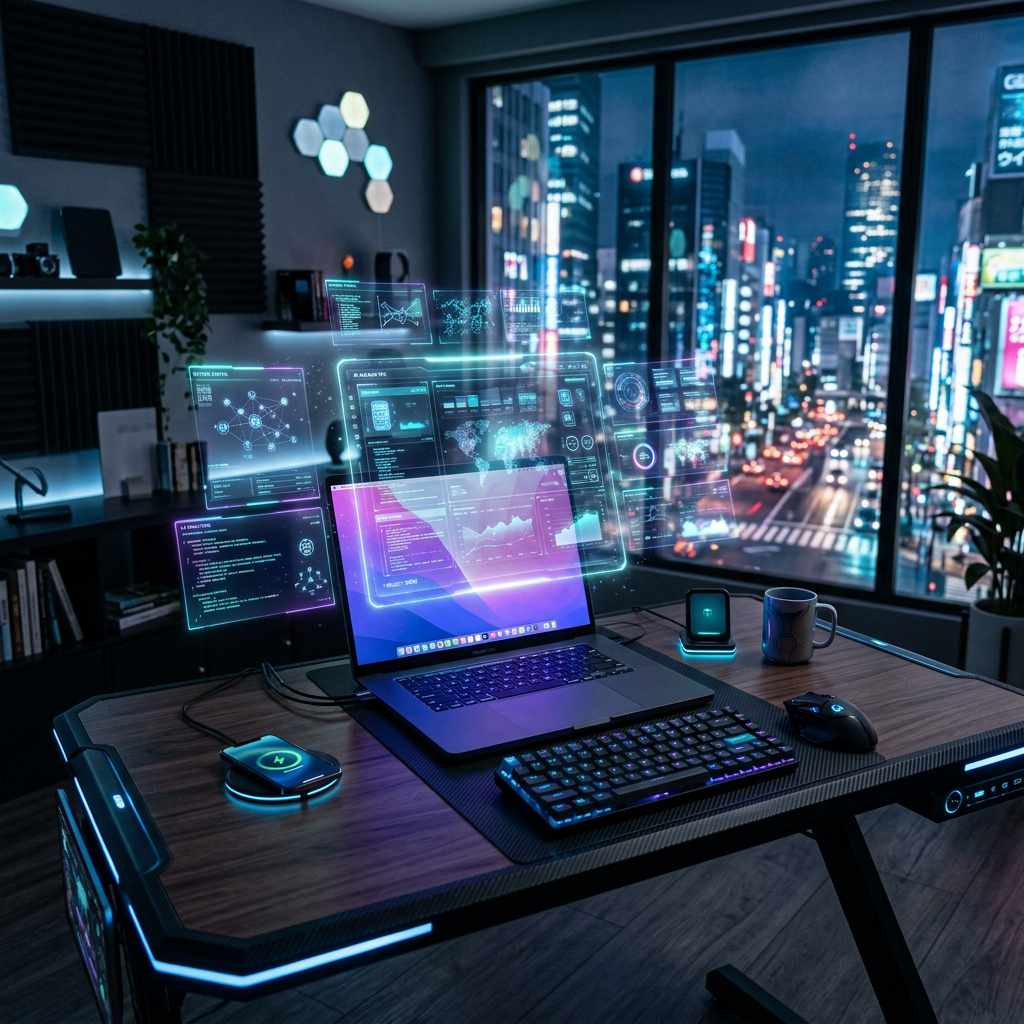 Laptop on a desk showing holographic data interfaces with a city skyline visible through a large window