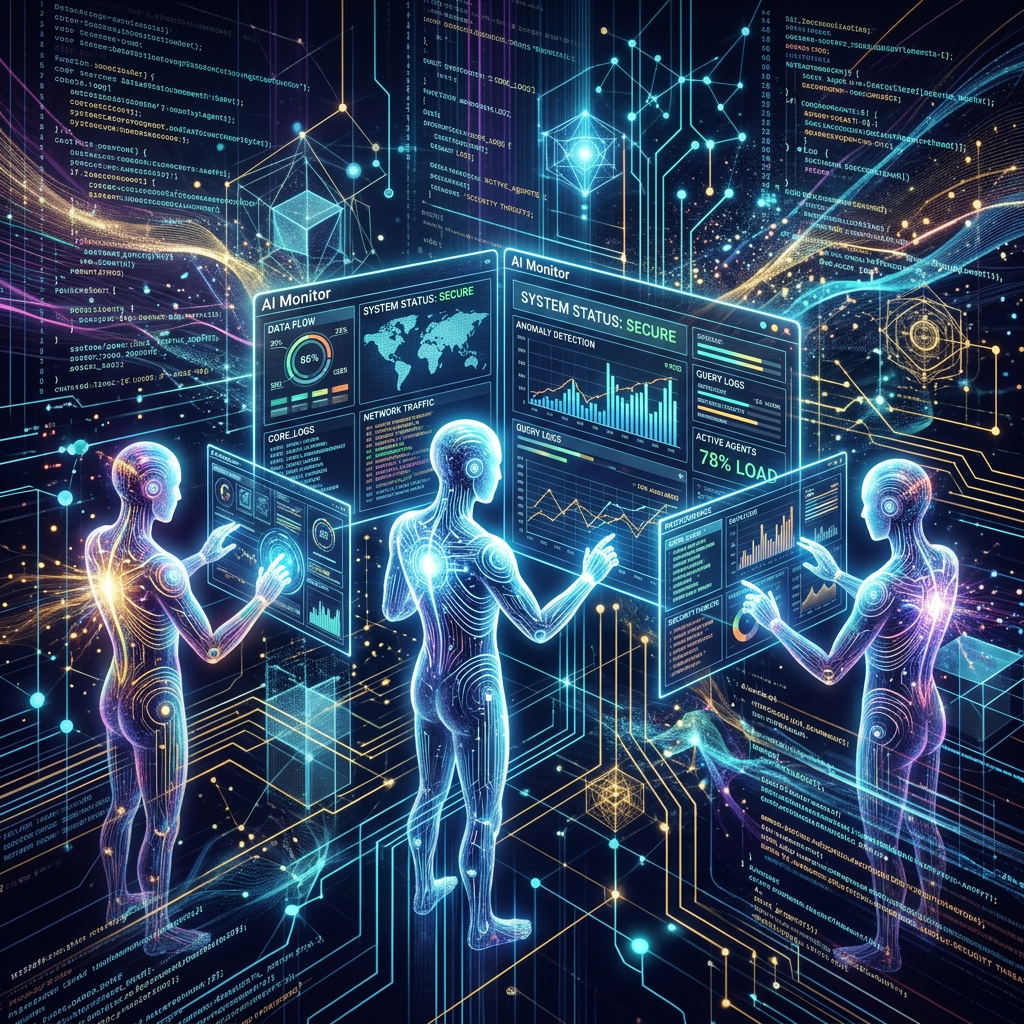 Three glowing humanoid figures interacting with futuristic AI system monitoring interfaces displaying data flow, system status, and network traffic