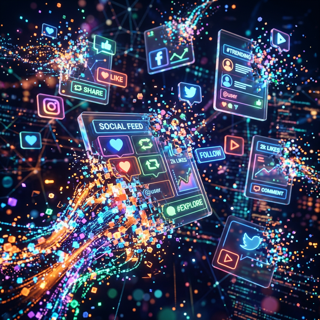 Colorful digital interface showing social media icons, likes, shares, follows, and trending topics