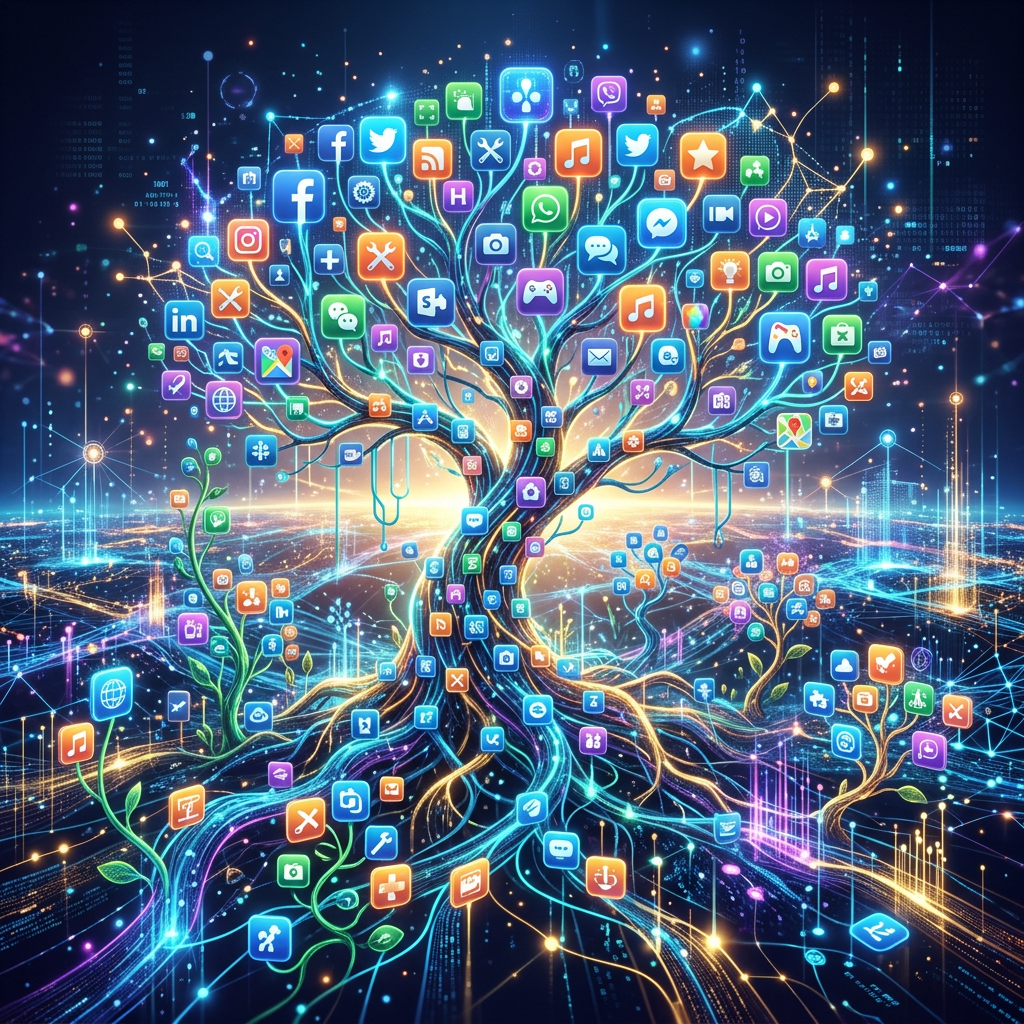 Tree made of digital app icons connected by glowing neon lines on a dark background