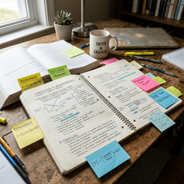 Macro economics notebook with formulas and graphs, sticky notes with reminders, and a coffee mug