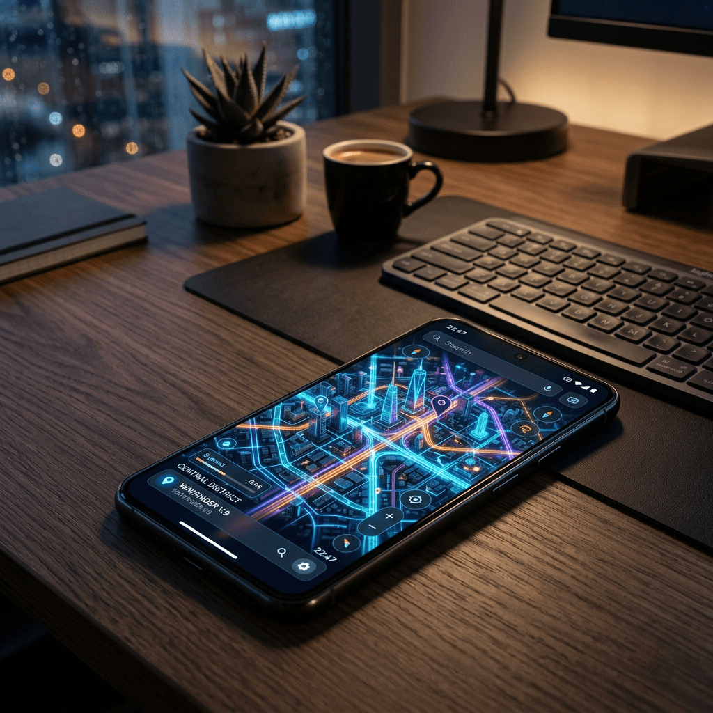 Smartphone screen displaying a neon-style 3D city map with navigation pins