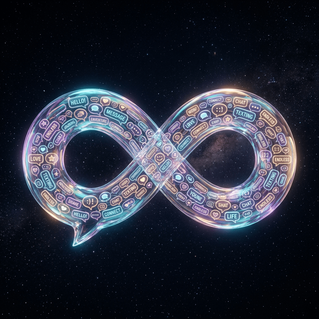Glowing infinity loop with speech bubbles and messaging icons symbolizing endless communication
