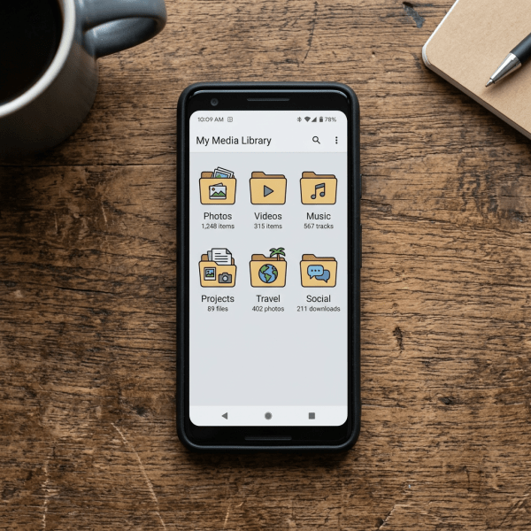 Smartphone screen showing media library with folders for photos, videos, music, projects, travel, and social downloads