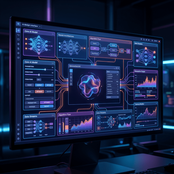 Computer screen showing AI design interface with neural networks, algorithm flowcharts, and data visualizations