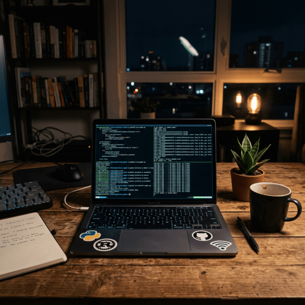Laptop displaying programming code on wooden desk with coffee cup and plant at night