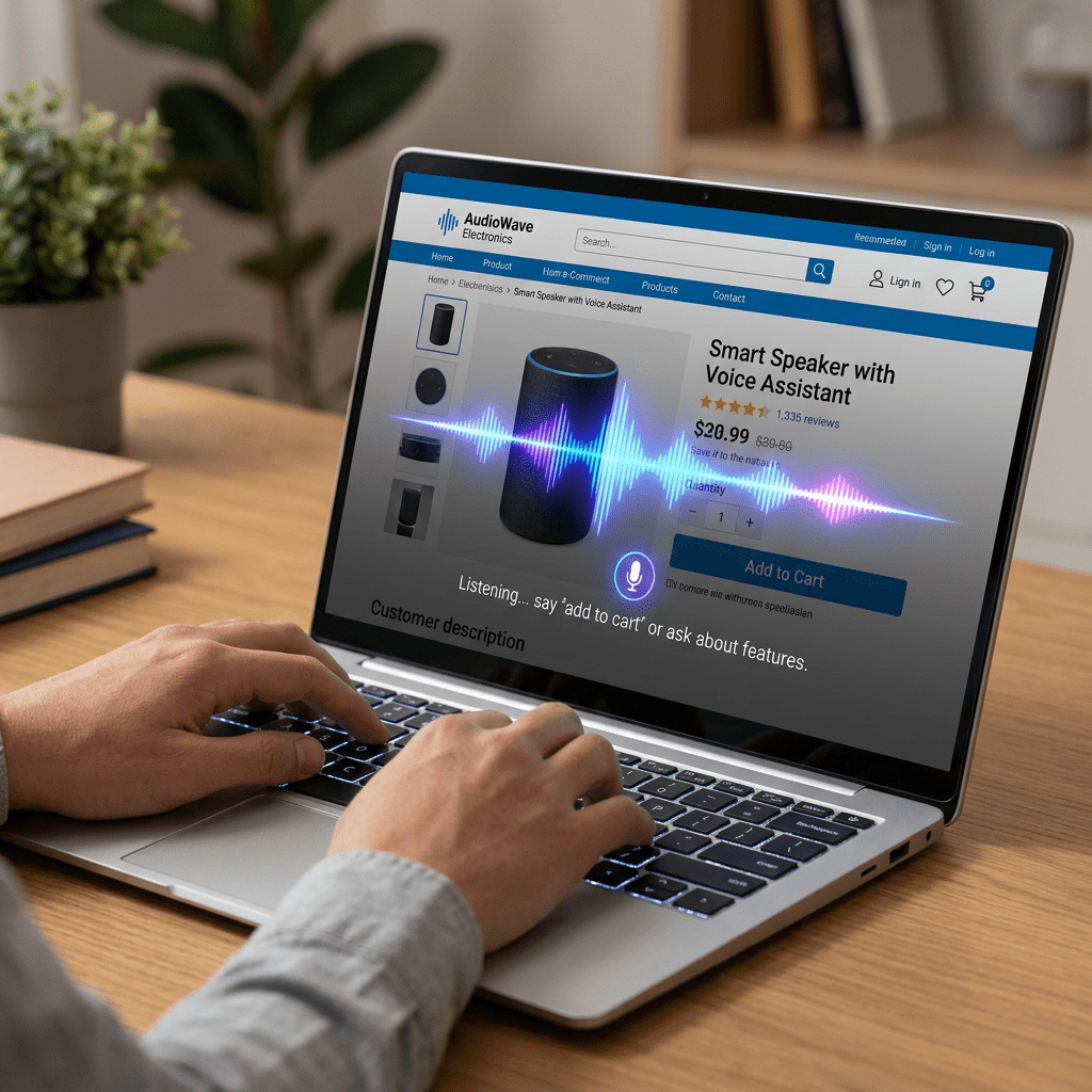 Laptop screen showing an online store with a smart speaker product page and voice assistant wave