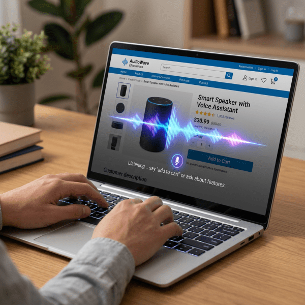Laptop screen showing an online store with a smart speaker product page and voice assistant wave