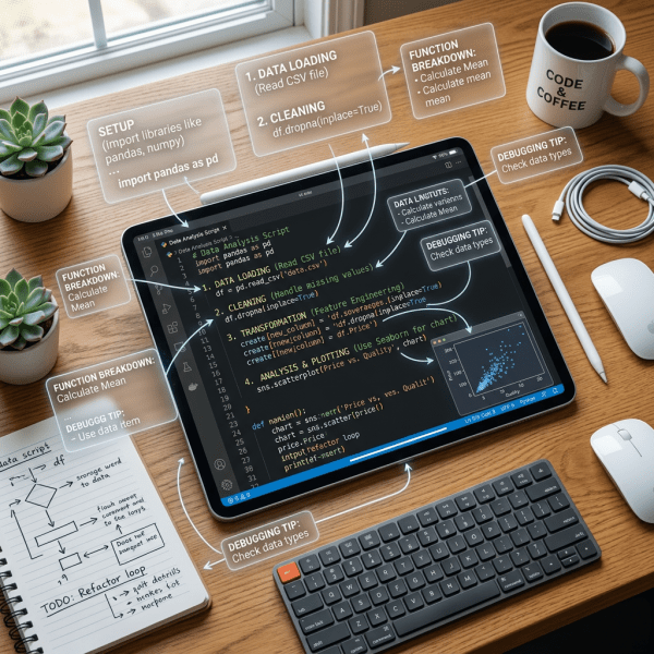 iPad screen showing Python data analysis script with annotations about setup, loading, cleaning, functions, and debugging tips