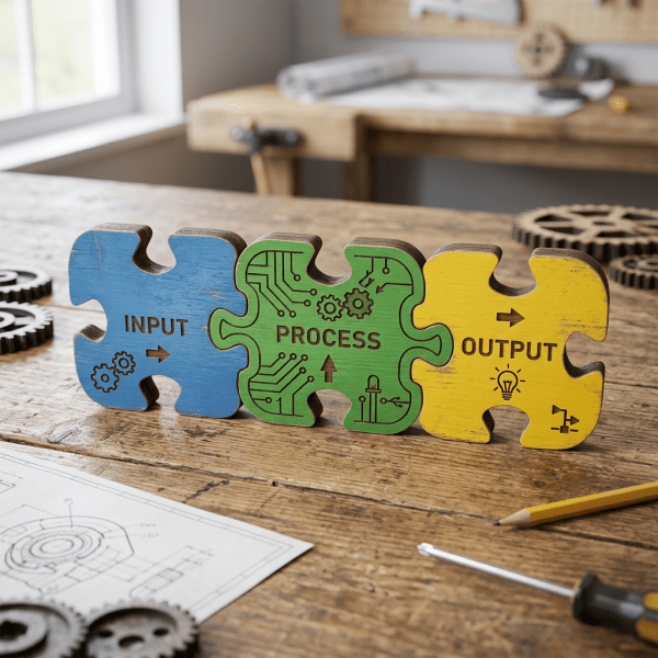 Wooden puzzle pieces labeled Input, Process, and Output arranged on a workbench with mechanical drawings and tools