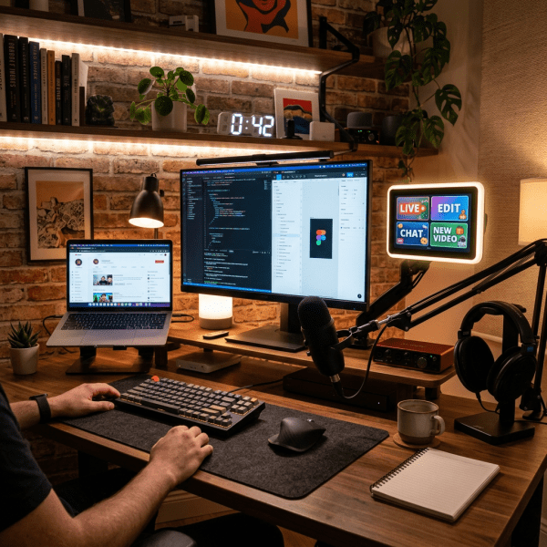 Home computer setup with dual monitors, microphone, and video editing software