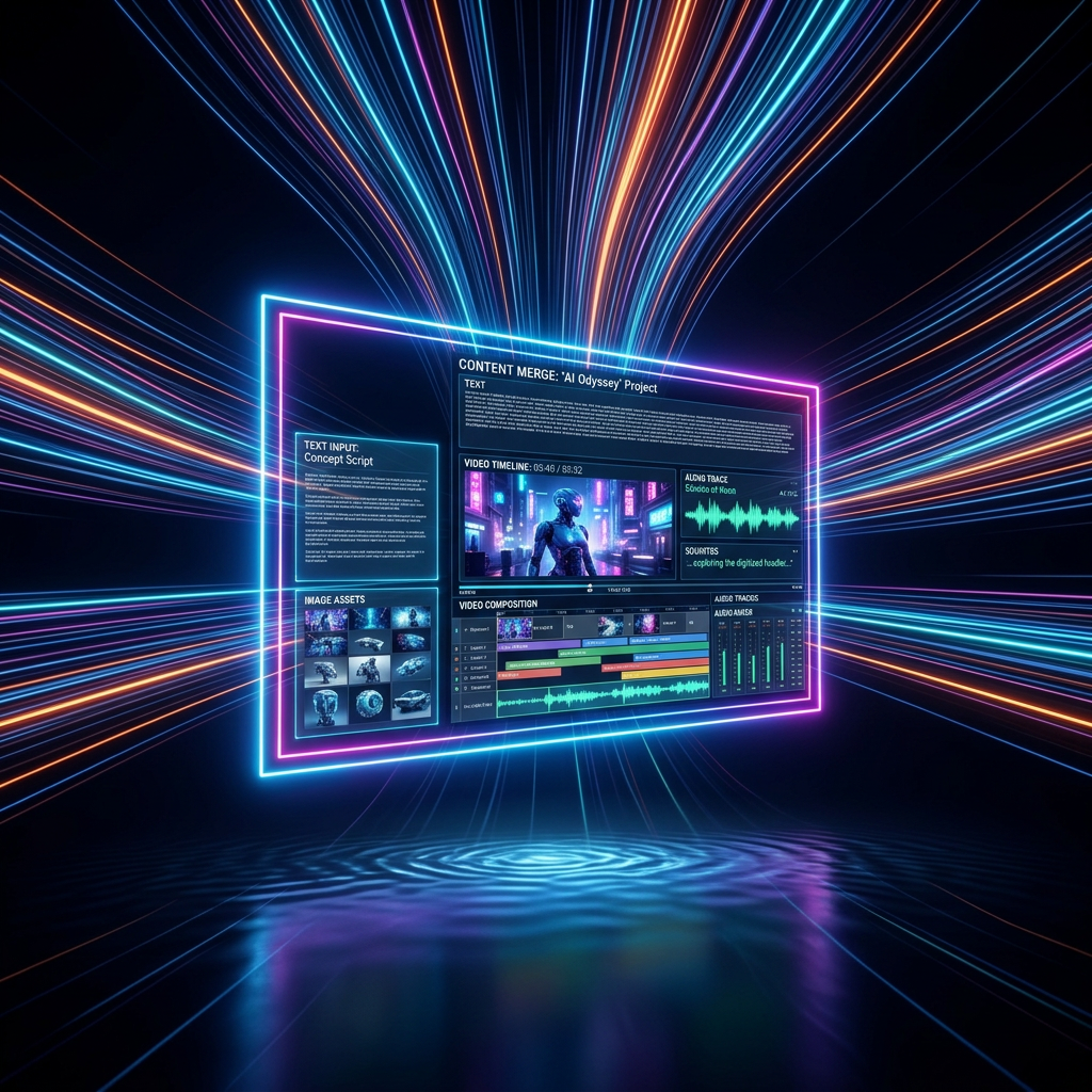 Woman editing multimedia project with holographic interfaces and headphones in tech studio