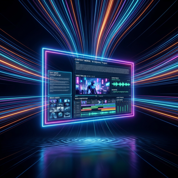 Woman editing multimedia project with holographic interfaces and headphones in tech studio