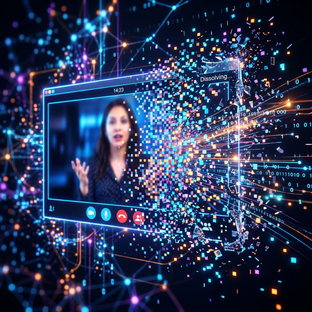 Virtual video call screen of woman dissolving into digital data particles labeled dissolving