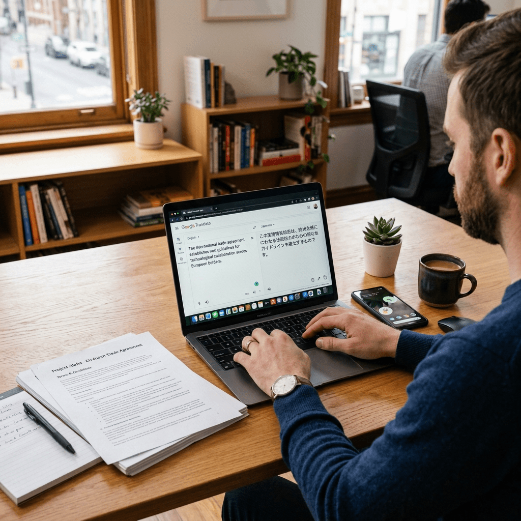 Person using laptop to translate English text to Japanese with printed documents nearby