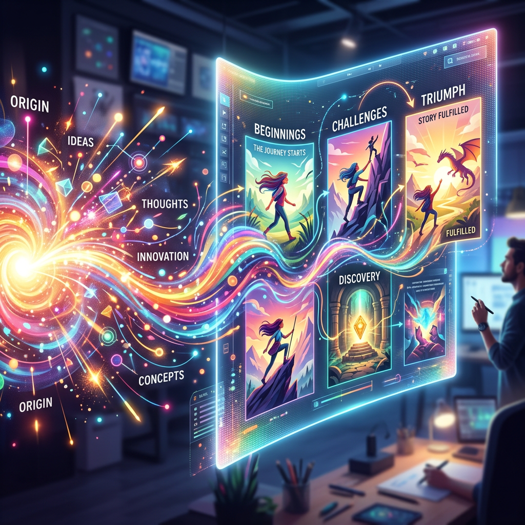 Digital storyboard showing stages of storytelling from origin, ideas, thoughts, innovation to beginnings, challenges, discovery, and triumph