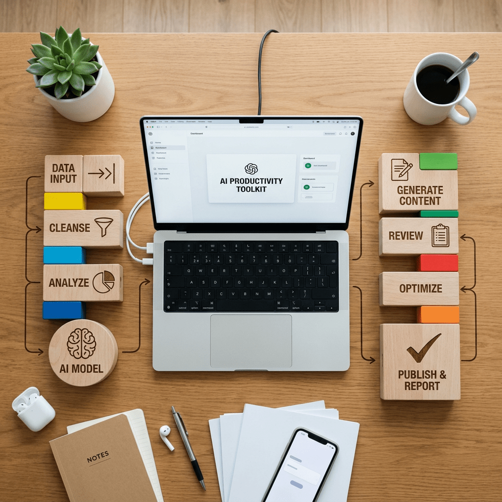 Laptop showing AI productivity toolkit with wooden blocks labeled data input, cleanse, analyze, AI model, generate content, review, optimize, publish & report