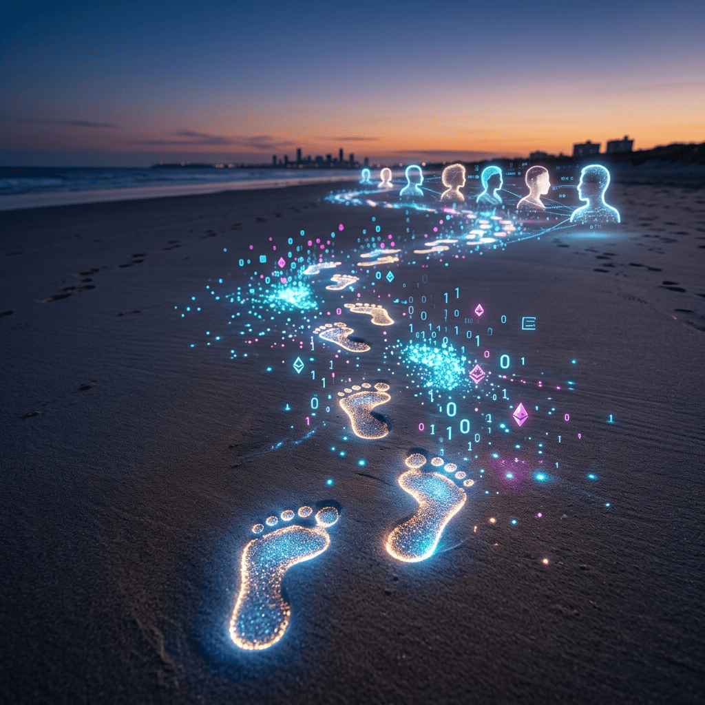 Glowing digital footprints on sand forming a trail leading to holographic human profile icons