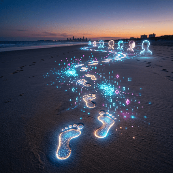 Glowing digital footprints on sand forming a trail leading to holographic human profile icons