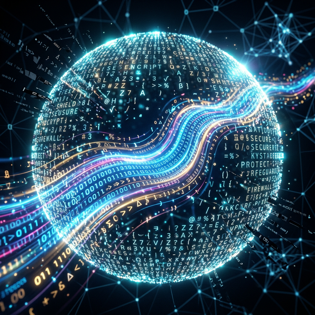 Glowing digital sphere covered in code with colorful data streams