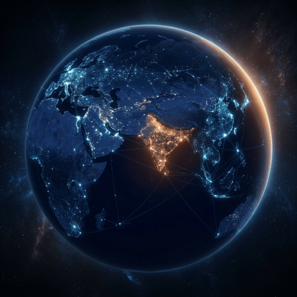 Glowing Earth centered on Asia and Africa with connected city lights