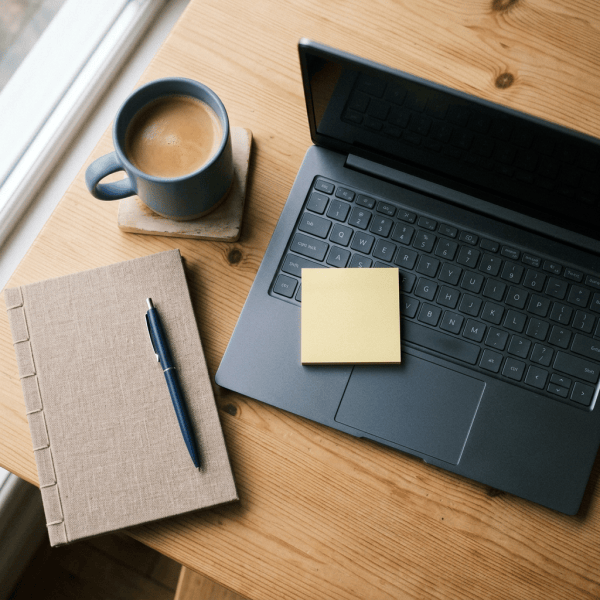 Laptop, coffee cup, notebook, pen, and blank sticky note on wooden desk