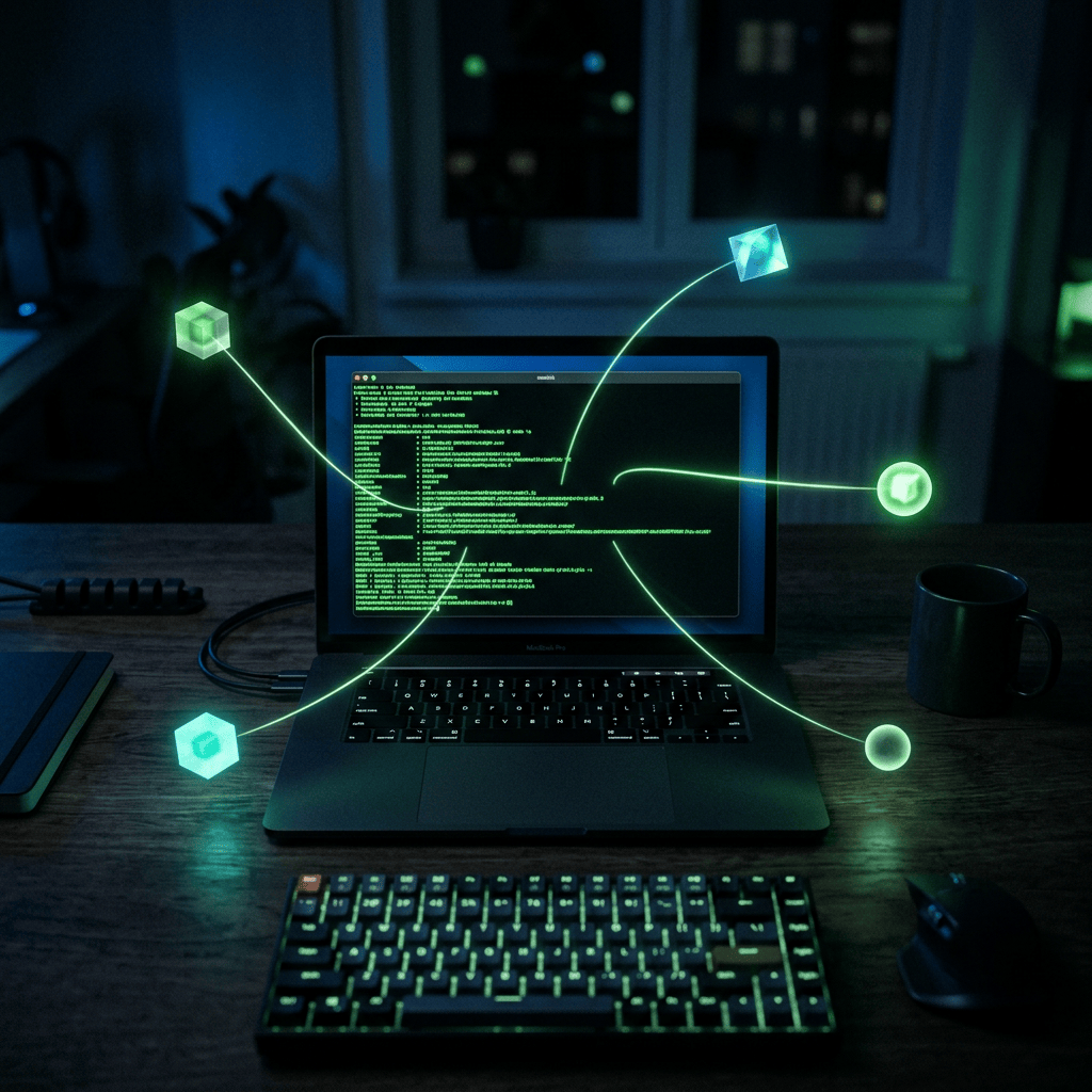 Laptop displaying terminal code with glowing network nodes on a desk