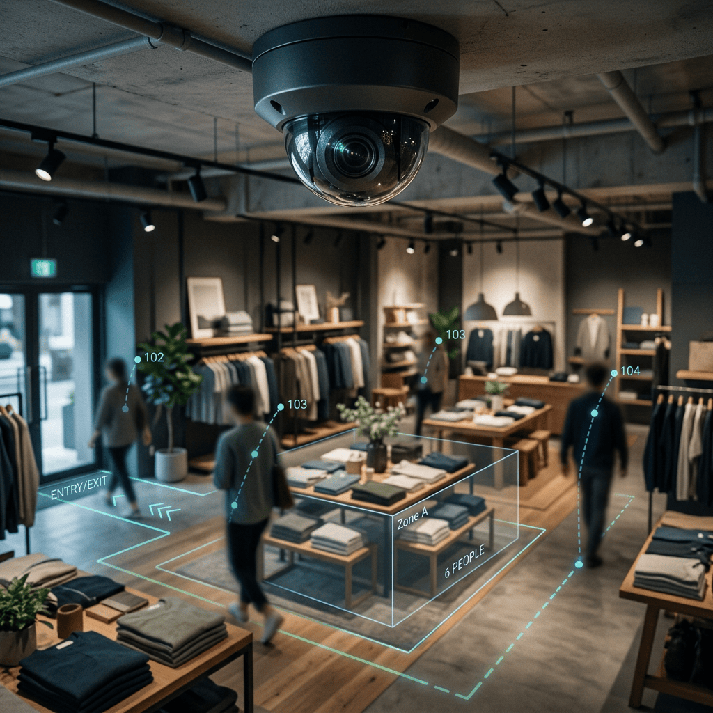 Retail store with ceiling camera overlay labeled ENTRY/EXIT, 102, 103, 103, 104, Zone A, 6 PEOPLE