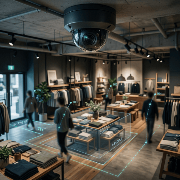 Retail store with ceiling camera overlay labeled ENTRY/EXIT, 102, 103, 103, 104, Zone A, 6 PEOPLE