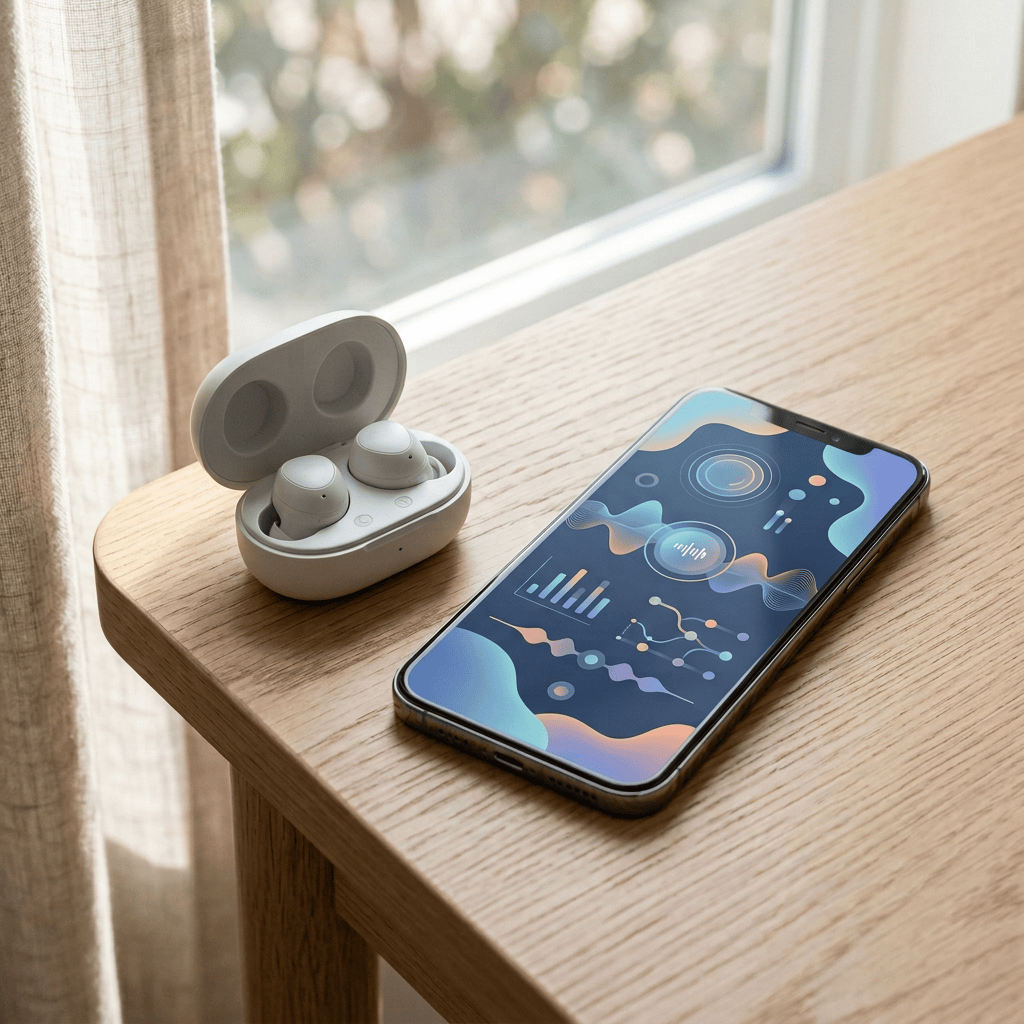 Wireless earbuds in an open charging case beside a smartphone