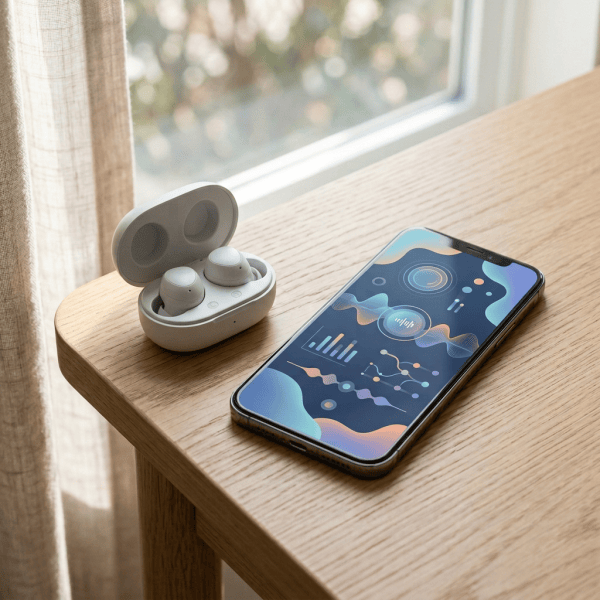 Wireless earbuds in an open charging case beside a smartphone